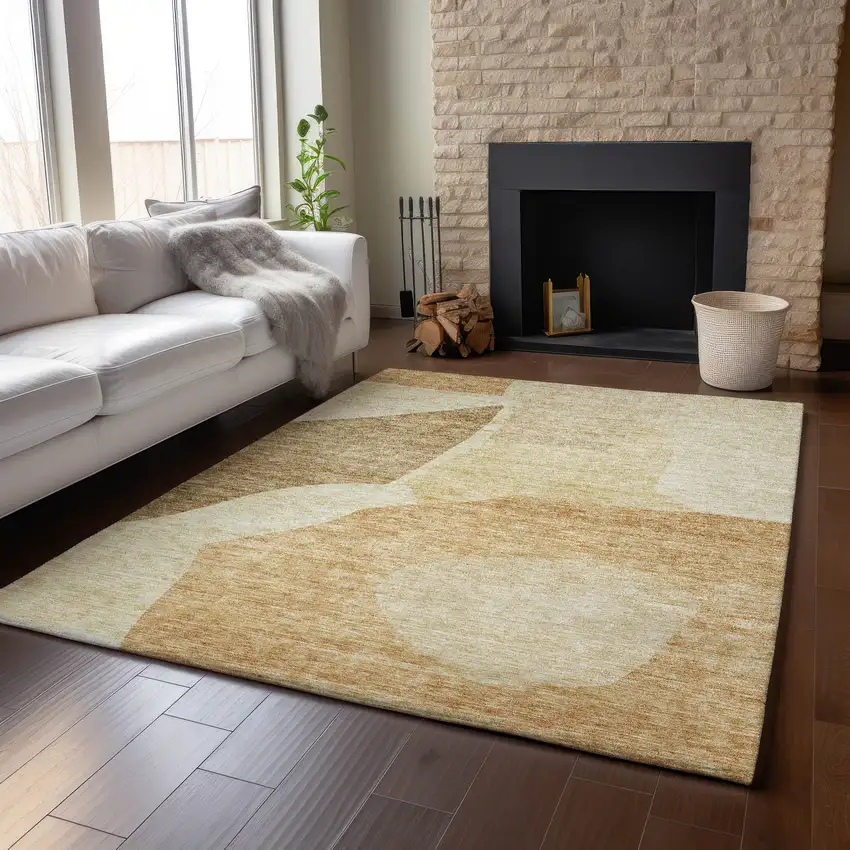 Beige And Orange Abstract Washable Area Rug With UV Protection Photo 3