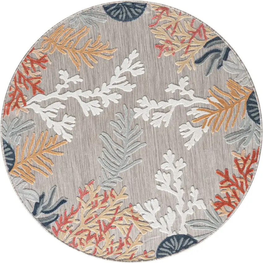 Beige And Orange Coral Round Rug Photo 4