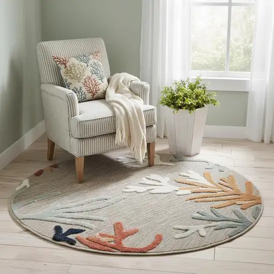 Beige And Orange Coral Round Rug Photo 1