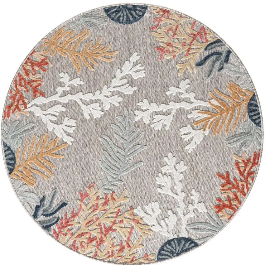 Beige And Orange Coral Round Rug Photo 3