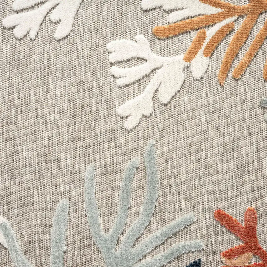 Beige And Orange Coral Round Rug Photo 8