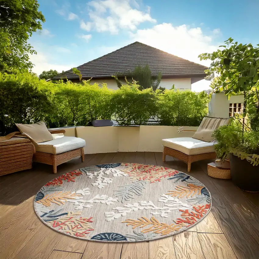 Beige And Orange Coral Round Rug Photo 6