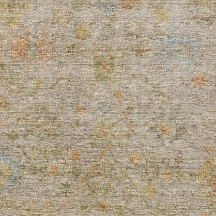 Beige And Orange Floral Washable Indoor Outdoor Area Rug Photo 3