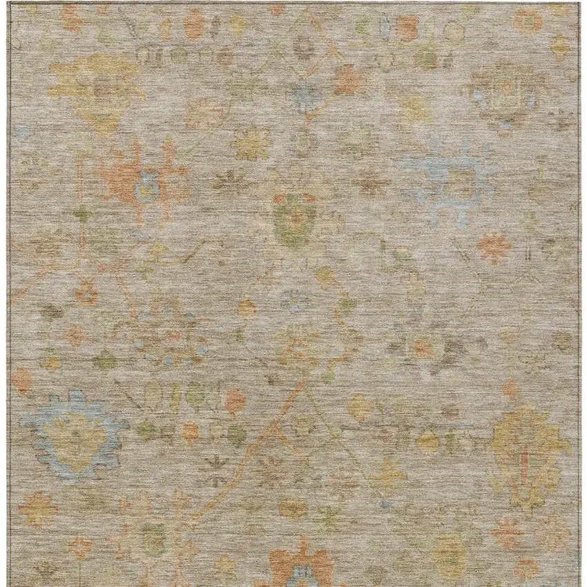 Beige And Orange Floral Washable Indoor Outdoor Area Rug Photo 6