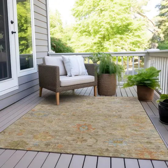 Beige And Orange Floral Washable Indoor Outdoor Area Rug Photo 9