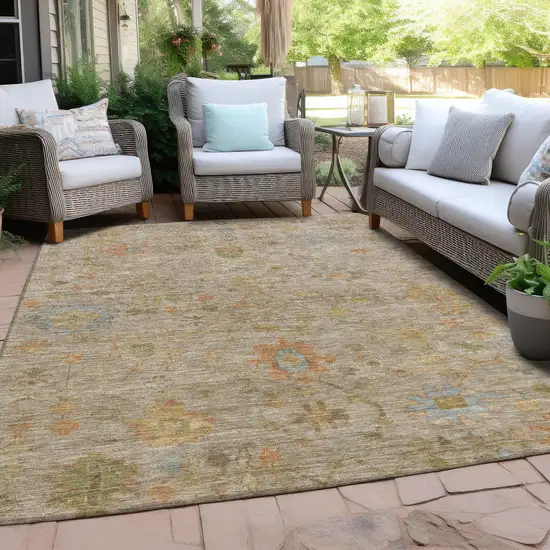 Beige And Orange Floral Washable Indoor Outdoor Area Rug Photo 6