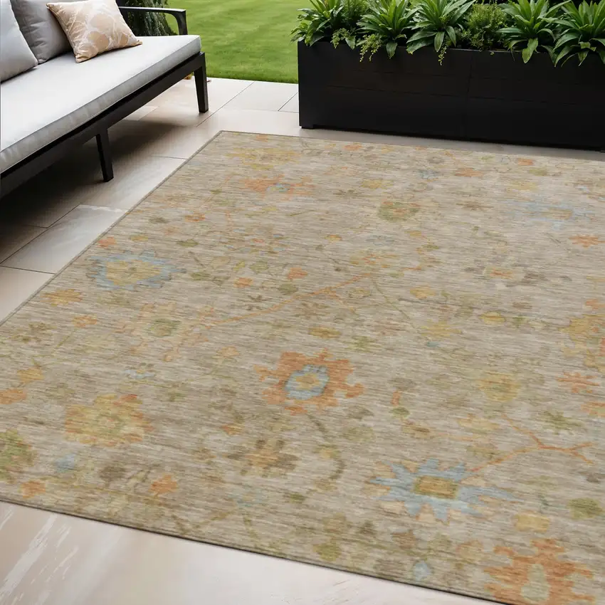 Beige And Orange Floral Washable Indoor Outdoor Area Rug Photo 2