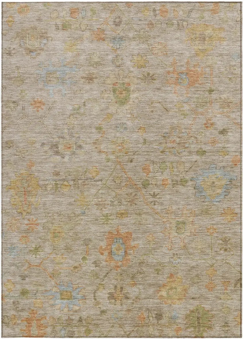 Beige And Orange Floral Washable Indoor Outdoor Area Rug Photo 4