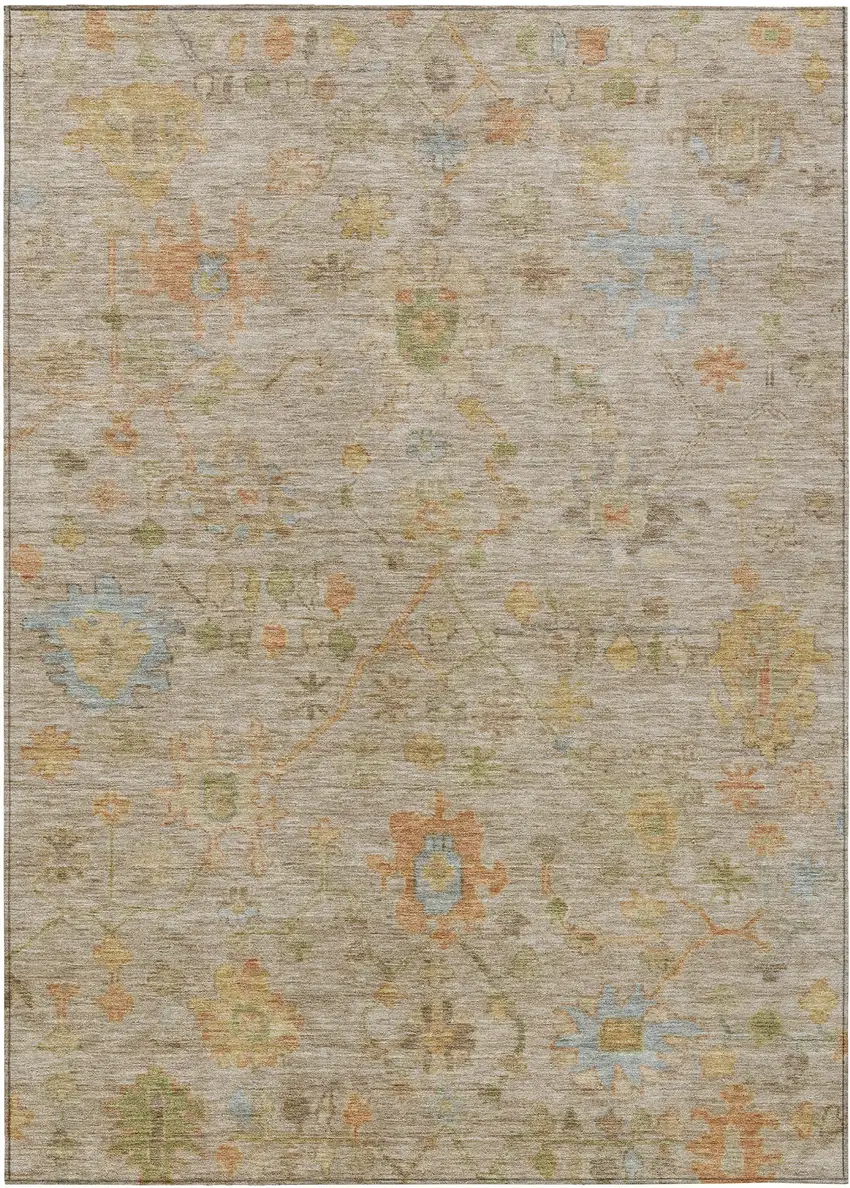 Beige And Orange Floral Washable Indoor Outdoor Area Rug Photo 1