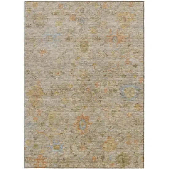Beige And Orange Floral Washable Indoor Outdoor Area Rug Photo 3