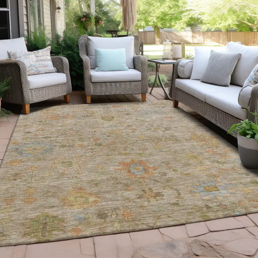 Beige And Orange Floral Washable Indoor Outdoor Area Rug Photo 6