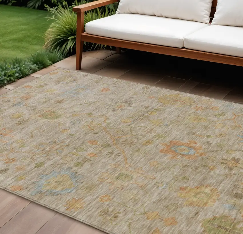 Beige And Orange Floral Washable Indoor Outdoor Area Rug Photo 2