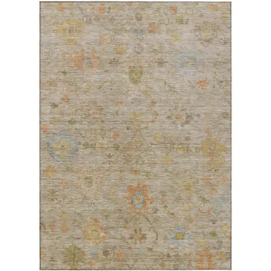 Beige And Orange Floral Washable Indoor Outdoor Area Rug Photo 1