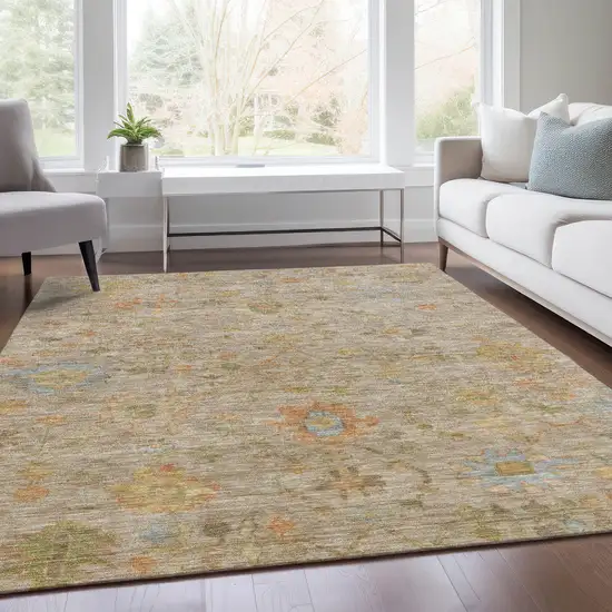 Beige And Orange Floral Washable Indoor Outdoor Area Rug Photo 8