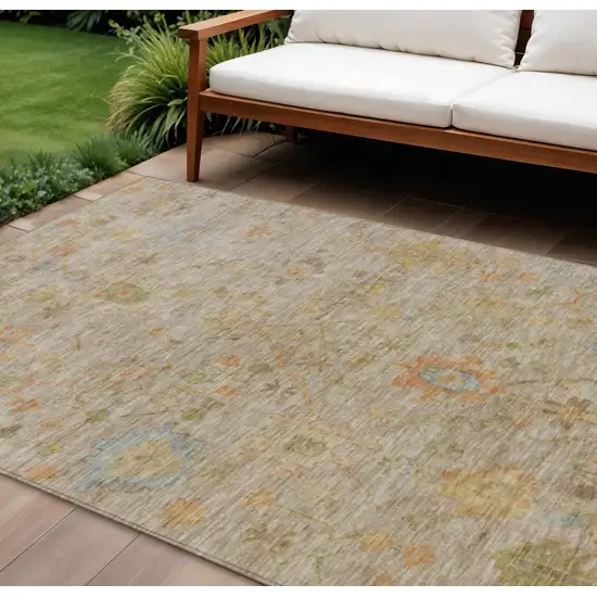 Beige And Orange Floral Washable Indoor Outdoor Area Rug Photo 2