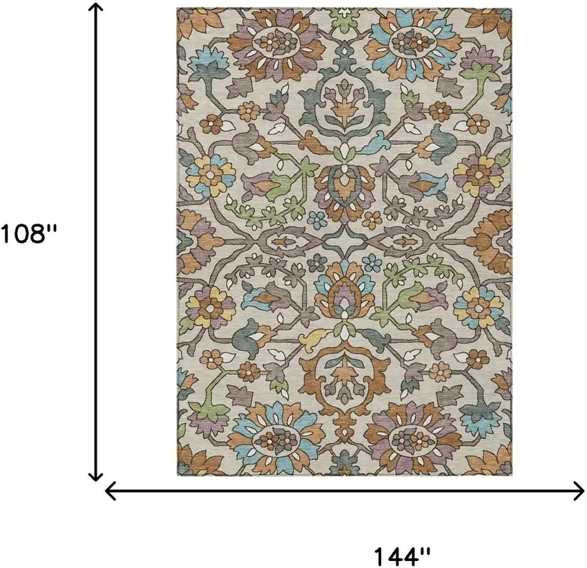 Beige And Orange Floral Washable Indoor Outdoor Area Rug Photo 6