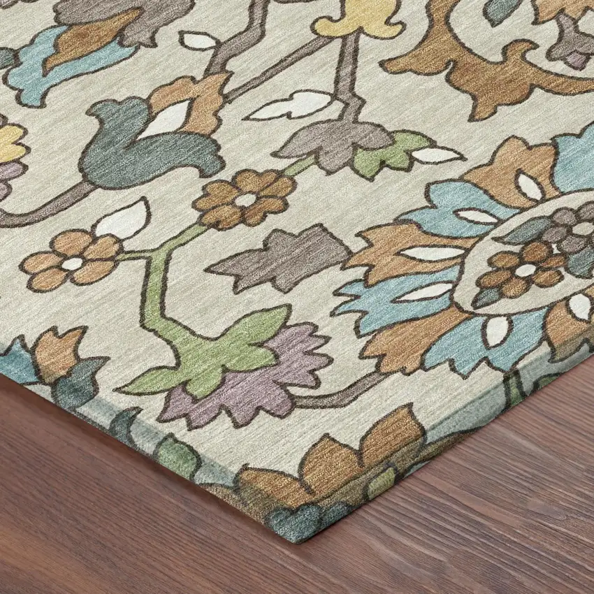 Beige And Orange Floral Washable Indoor Outdoor Area Rug Photo 4