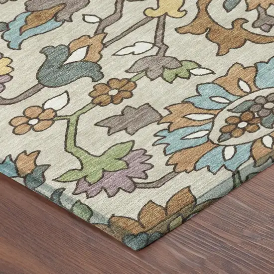 Beige And Orange Floral Washable Indoor Outdoor Area Rug Photo 4