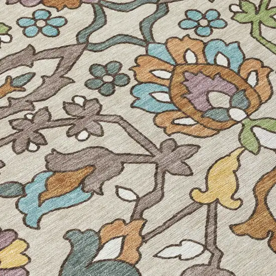 Beige And Orange Floral Washable Indoor Outdoor Area Rug Photo 5