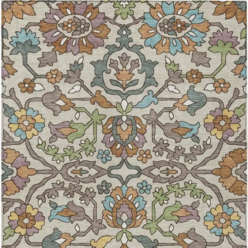 Beige And Orange Floral Washable Indoor Outdoor Area Rug Photo 3
