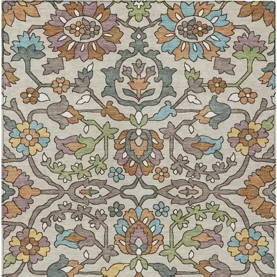 Beige And Orange Floral Washable Indoor Outdoor Area Rug Photo 3