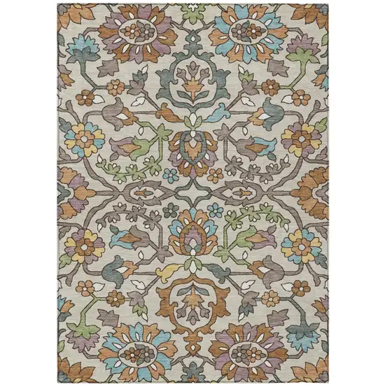 Beige And Orange Floral Washable Indoor Outdoor Area Rug Photo 1