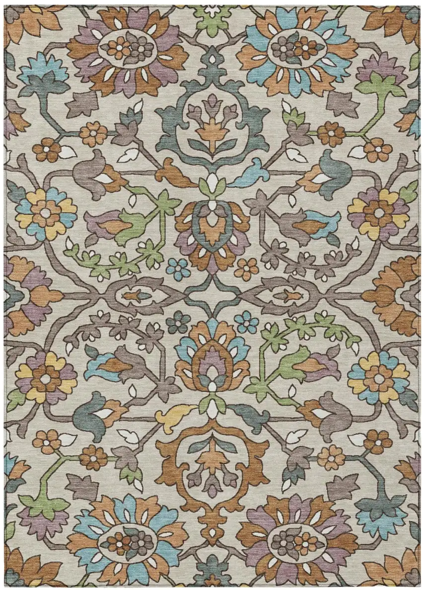 Beige And Orange Floral Washable Indoor Outdoor Area Rug Photo 1