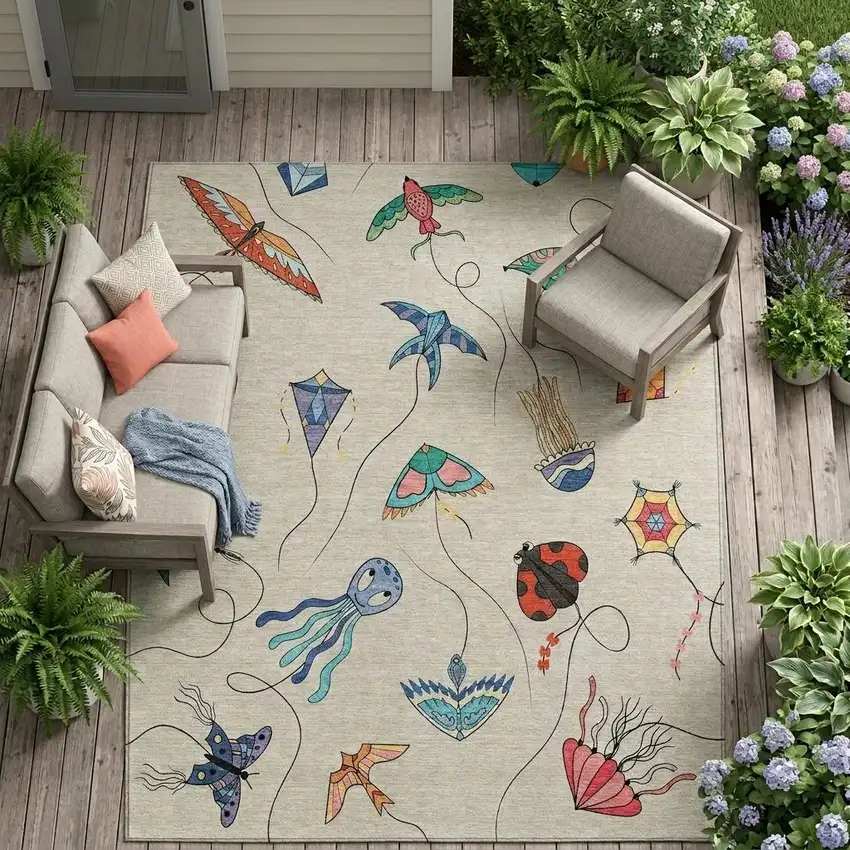 Beige And Orange Geometric Washable Indoor Outdoor Area Rug Photo 1