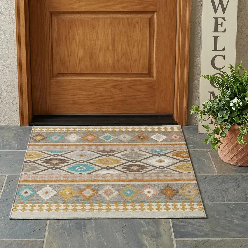 Beige And Orange Southwestern Washable Indoor Outdoor Area Rug Photo 1