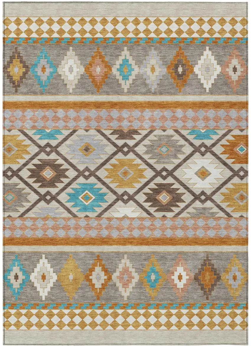 Beige And Orange Southwestern Washable Indoor Outdoor Area Rug Photo 2