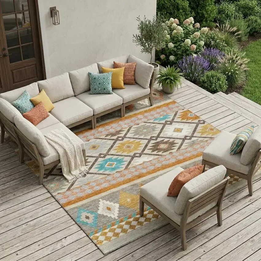 Beige And Orange Southwestern Washable Indoor Outdoor Area Rug Photo 1