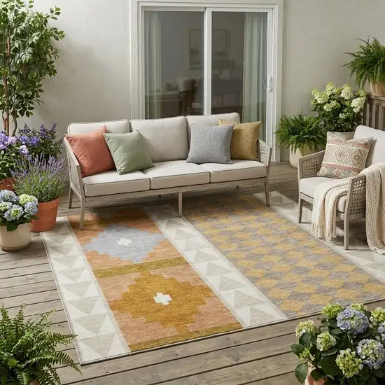 Beige And Orange Southwestern Washable Indoor Outdoor Area Rug Photo 1