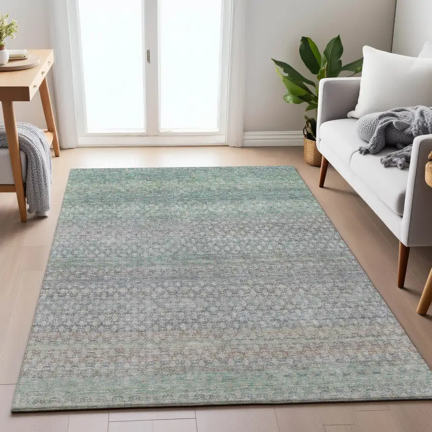 Beige And Pale Aqua Abstract Washable Indoor Outdoor Area Rug Photo 8