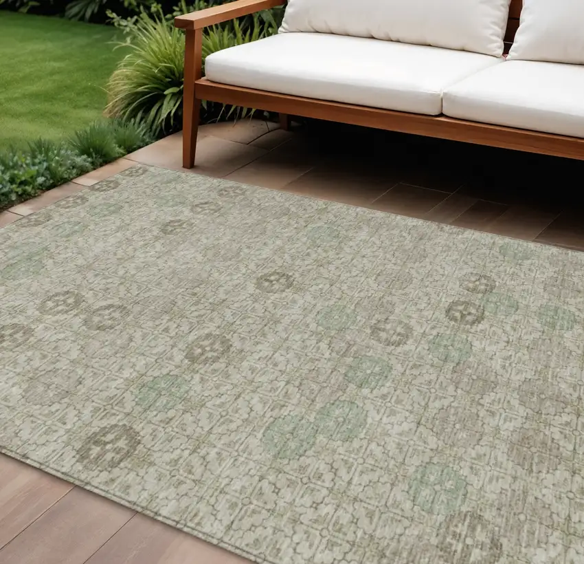 Beige And Pale Aqua Geometric Washable Indoor Outdoor Area Rug Photo 2