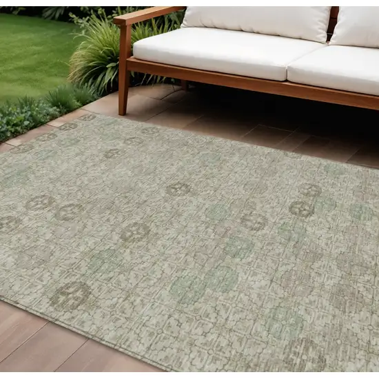 Beige And Pale Aqua Geometric Washable Indoor Outdoor Area Rug Photo 2