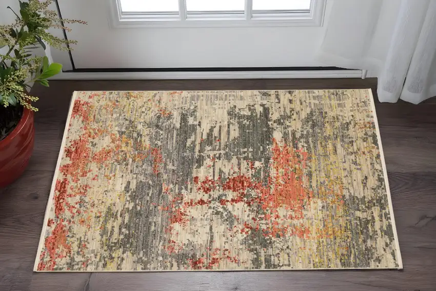 Beige And Pink Abstract Area Rug With Fringe Photo 1