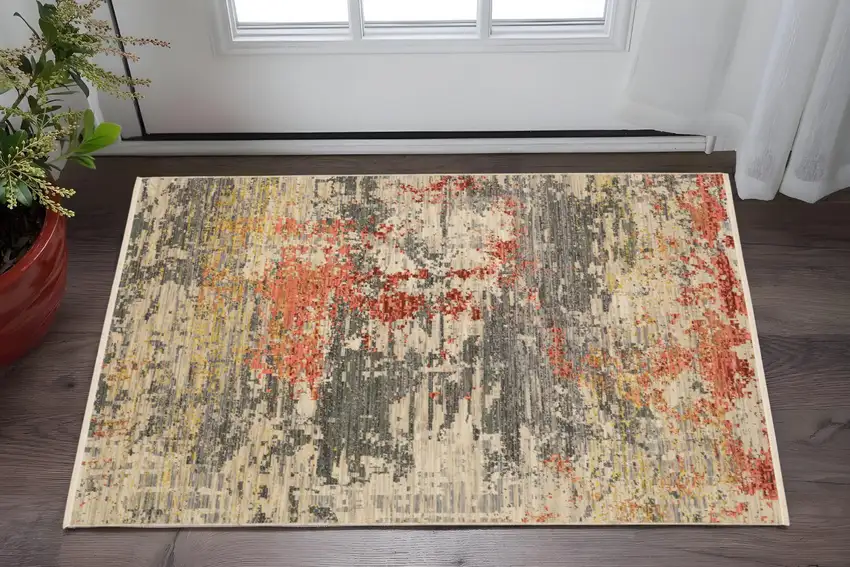 Beige And Pink Abstract Area Rug With Fringe Photo 1