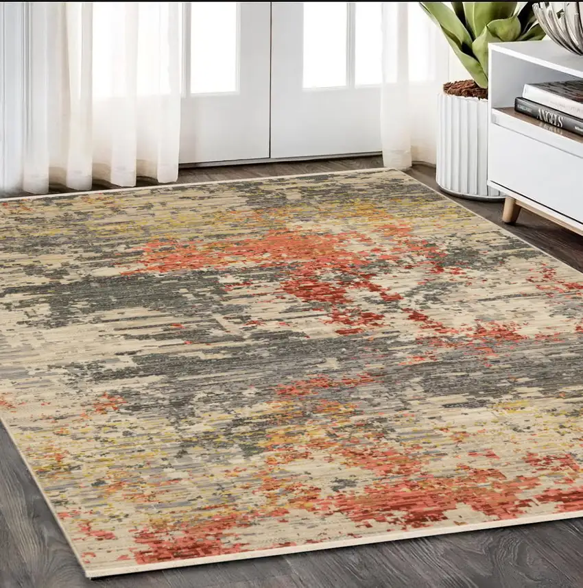 Beige And Pink Abstract Area Rug With Fringe Photo 1