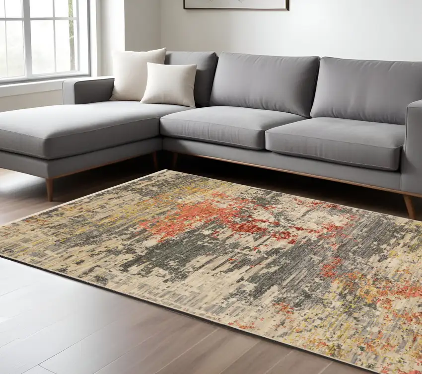Beige And Pink Abstract Area Rug With Fringe Photo 1