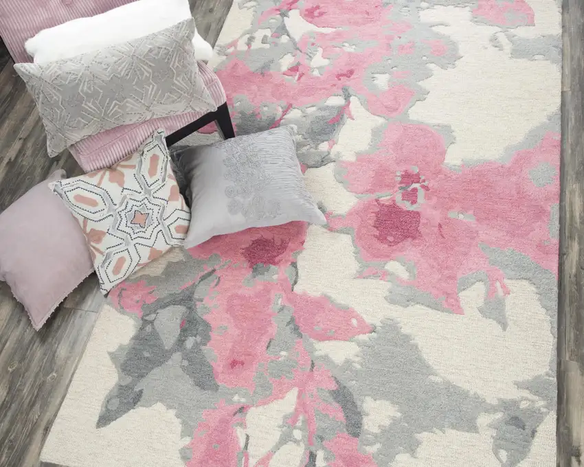 Beige And Pink Wool Floral Hand Tufted Area Rug Photo 5