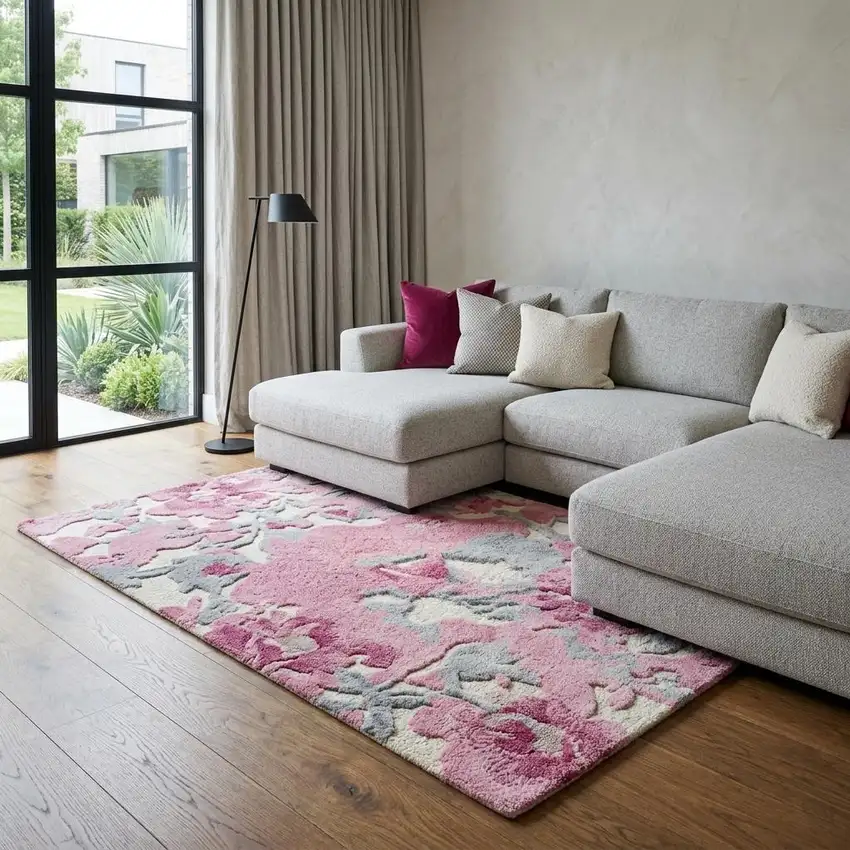 Beige And Pink Wool Floral Hand Tufted Area Rug Photo 1