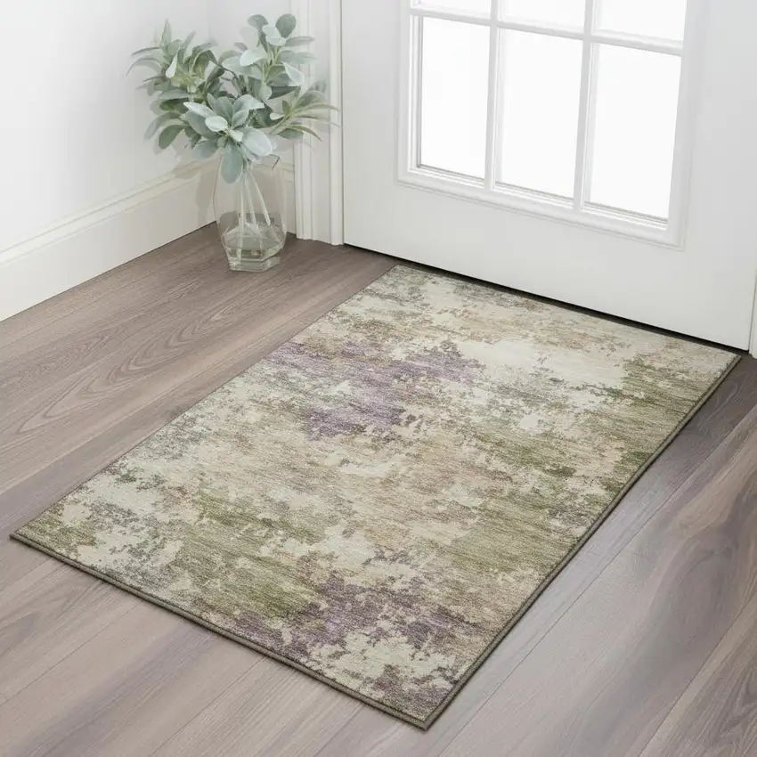 Beige And Purple Abstract Washable Area Rug With UV Protection Photo 2