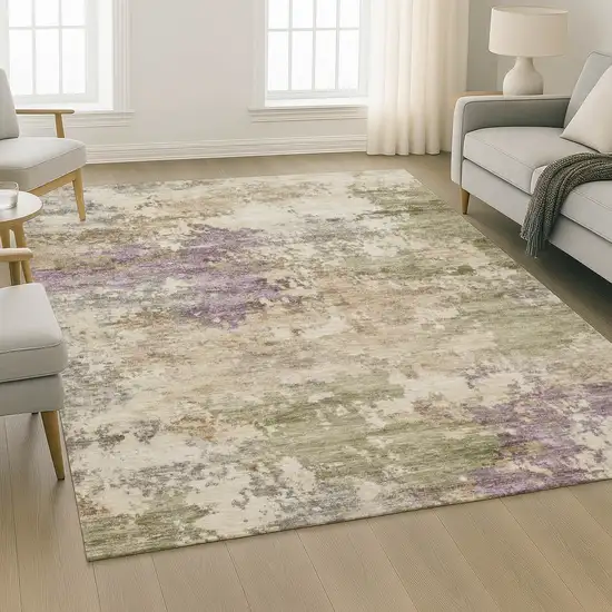 Beige And Purple Abstract Washable Area Rug With UV Protection Photo 6