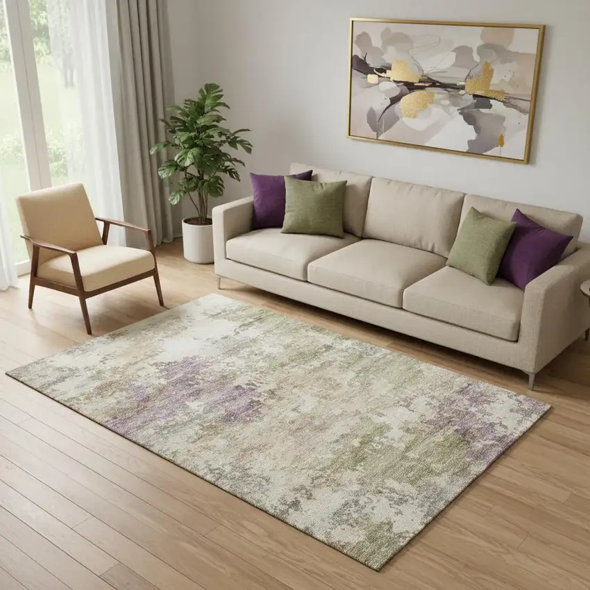 Beige And Purple Abstract Washable Area Rug With UV Protection Photo 2