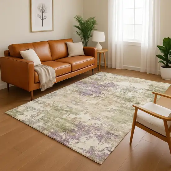 Beige And Purple Abstract Washable Area Rug With UV Protection Photo 5