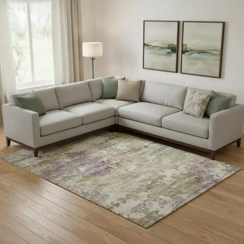 Beige And Purple Abstract Washable Area Rug With UV Protection Photo 2