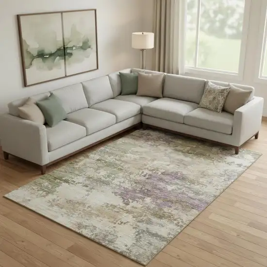 Beige And Purple Abstract Washable Area Rug With UV Protection Photo 2