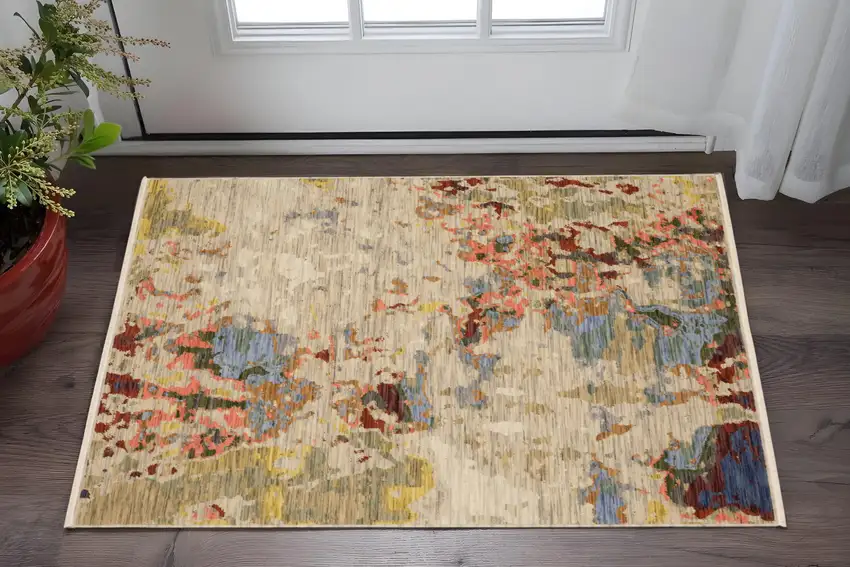 Beige And Red Abstract Area Rug With Fringe Photo 1