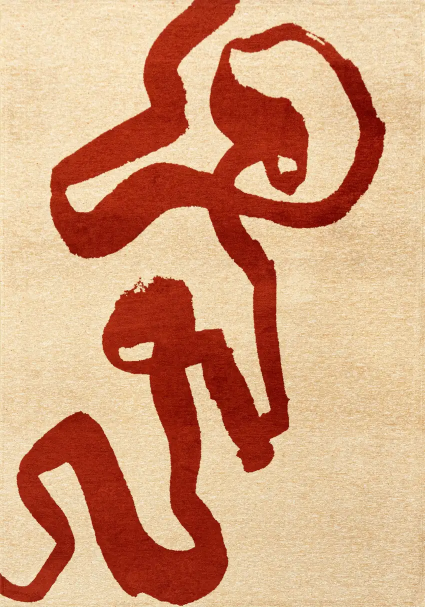 Beige And Red Abstract Washable Area Rug With UV Protection Photo 2