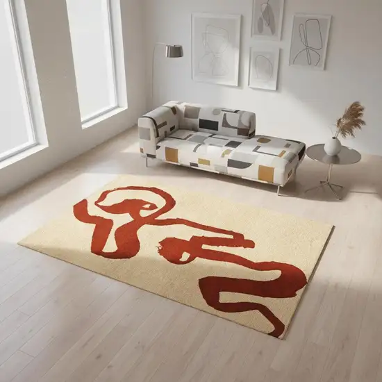 Beige And Red Abstract Washable Area Rug With UV Protection Photo 1